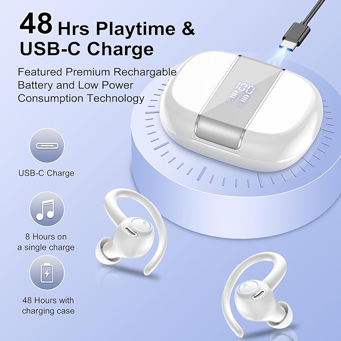 Wireless Earbuds Bluetooth 5.3 Headphones Sports, 48H Over Ear Buds with ENC Mic, Stereo Deep Bass Bluetooth Earbuds with Secure Earhooks, LED Display, IPX7 Waterproof Earphone for Running/Gym White