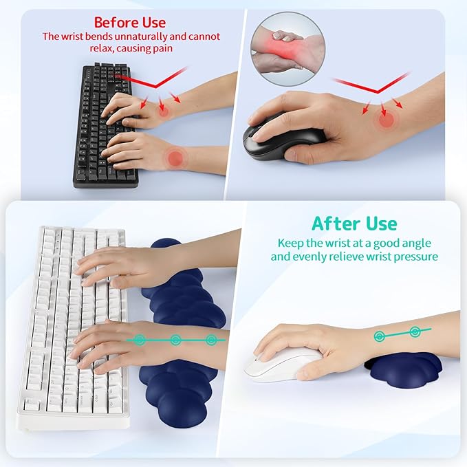 Sushret Cloud Wrist Rest for Keyboard and Mouse, Memory Foam PU Leather Keyboard Wrist Rest with Ergonomic Support, Non-Slip Base, Cute Arm Rest Pad & Palm Cushion, Office Desk Accessory, Dark Blue