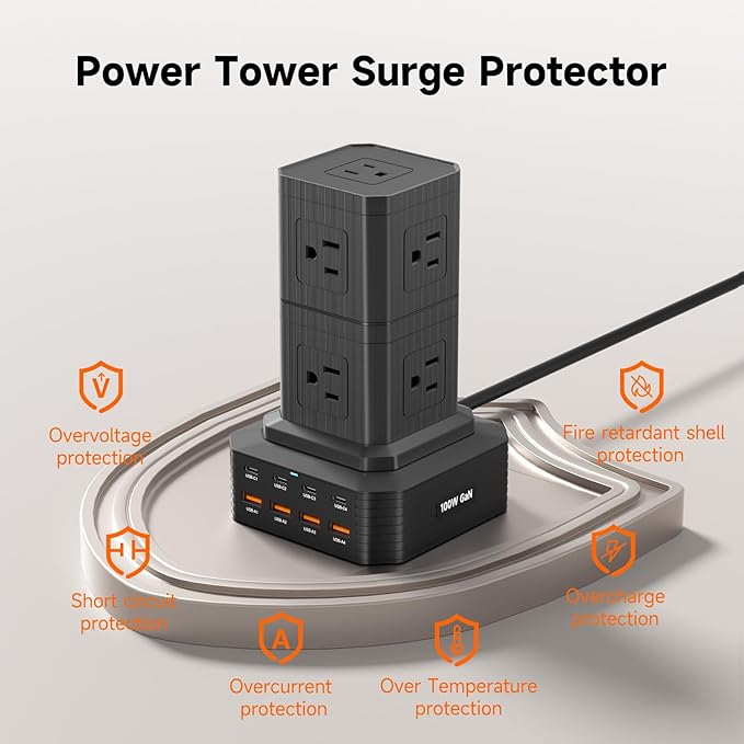 Charging Station (100W), 17-in-1 USB C Power Strip with Surge Protection, 6.6Ft Extension Cord, 4 USB C and 4 USB A Ports, 9 AC Outlets for Home Office Dorm Room