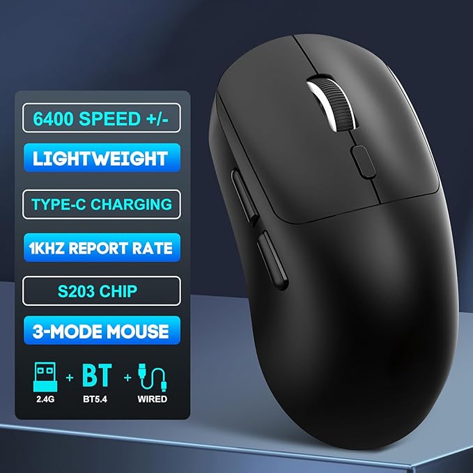 GOWENIC Wireless Gaming Mouse, 6400 DPI 3-Mode Gaming Mouse, 2.4G Wired 6 Keys Ergonomic Design for Desktop Laptop (T30 Black)