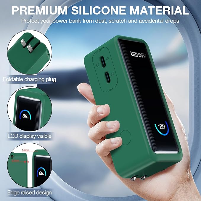 Silicone Case for Anker Prime Power Bank 9,600mAh 65W, Soft Silicone Shockproof Protective Cover for Anker 65W Prime Power Bank with Anti-Lost Strap, LCD Display Visible (Dark Green)