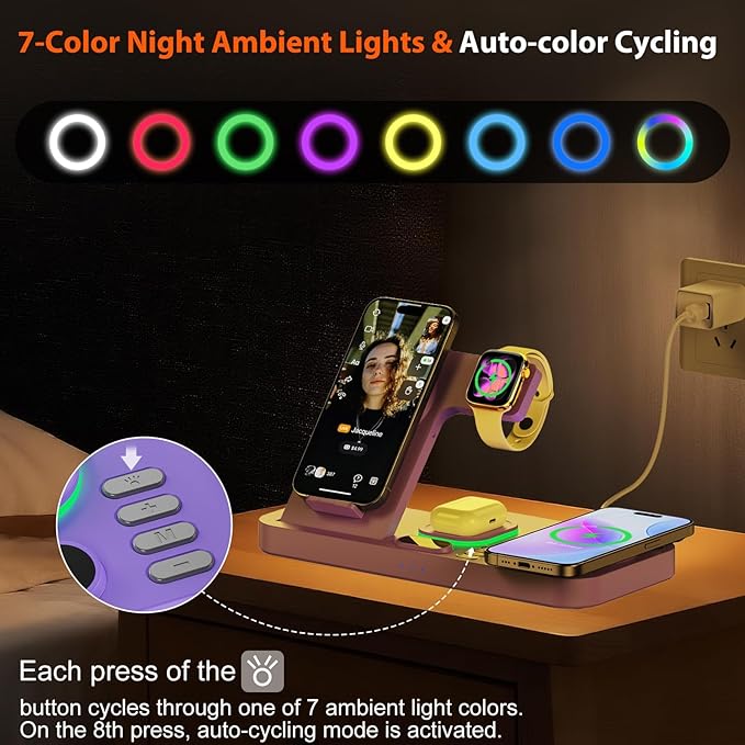 Dual Phone Magnetic Wireless Charging Station for Apple Ecosystem, Wireless Charging Station for Apple Devices with Auto Switch 7-Color Light & Clock,for iPhone17,for iwatch10, for AirPods Pro3（Puple