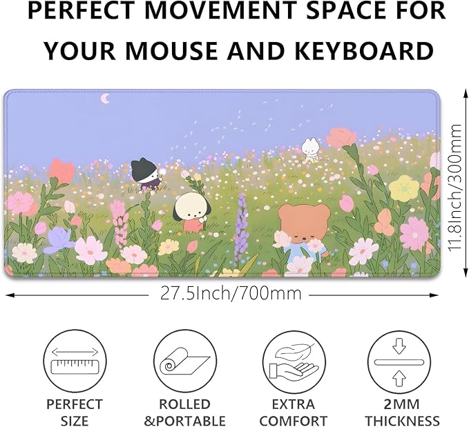 Flower Desk Pad Mouse Pad，Large Cartoon Cute Mouse Pads with Stitched Edges,Non-Slip Waterproof Rubber Base,Kawaii Nature Desk Mat for Desktop,Keyboard Pad for Office Home Work(27.5X11.8 in)
