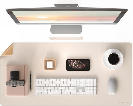 RENMTURE Dual-Sided Large Desk Pad, Faux Leather Natural Cork Mouse pad, Desk Accessories Protector, for Office and Home Work (Off-White, 36"x17")