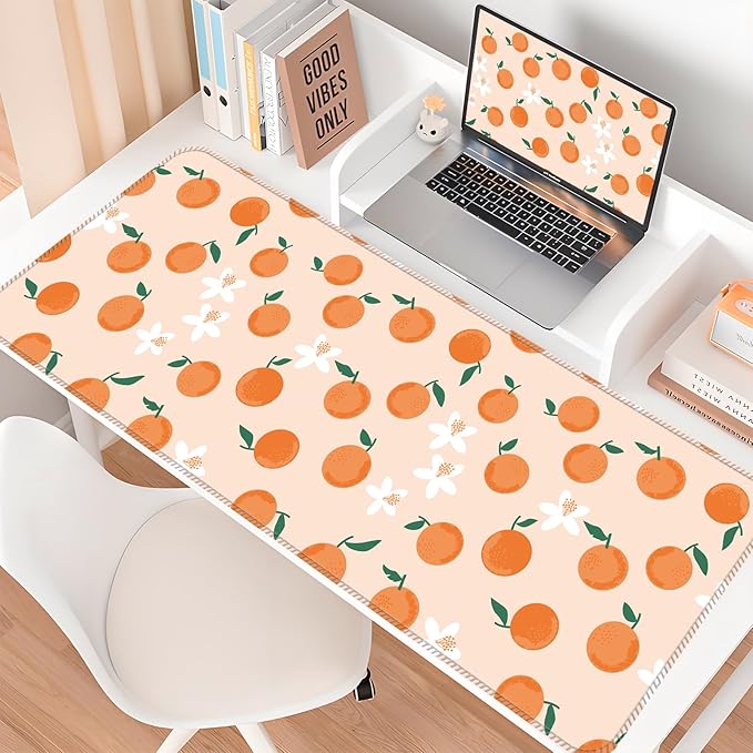 Desk Mat,Big Desk Pad,31.5 x 11.5in Extended Gaming Mouse Pad,Large Mouse Pad for Desk Rubber Base Mousepad with Stitched Edges,Keyboard Mouse Mat for Work Game Office Home - Cute Orange Leaves