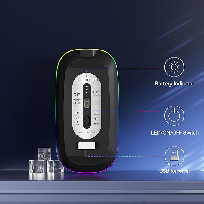 Uiosmuph LED Wireless Mouse, G12 Slim Rechargeable Silent Mouse, 2.4G Portable USB Optical Wireless Computer Mice with USB Receiver and Type C Adapter (Black)