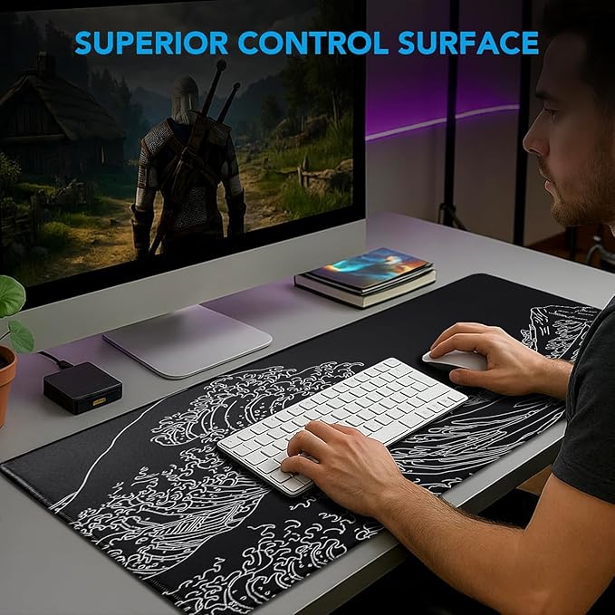 Large Gaming Mouse Pad, Waterproof Mousepad with Stitched Edges, Non-Slip Rubber Base, XXL Computer Long Keyboard Mouse Mat for Gamer, Office & Home, 31.5" x 15.7", Waves
