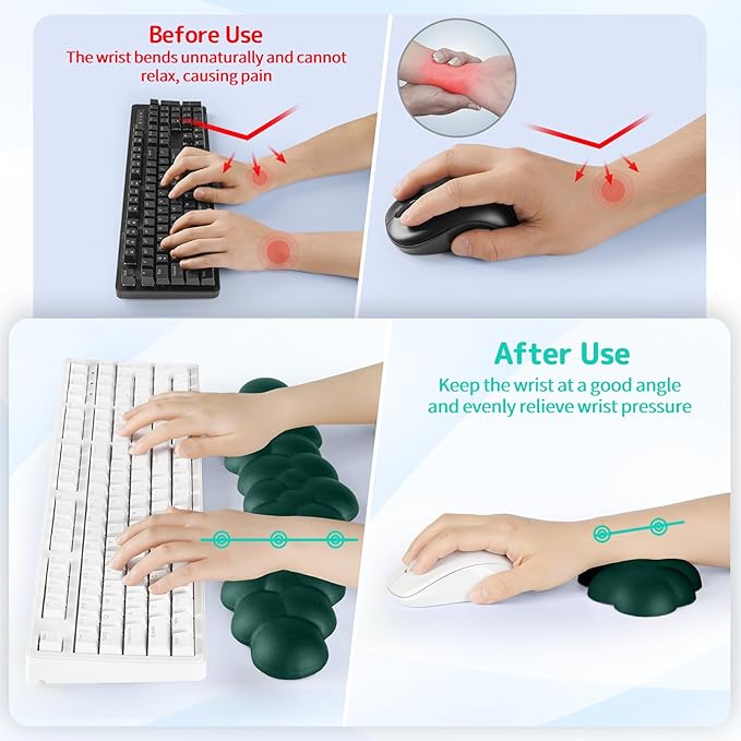 Sushret Cloud Wrist Rest for Keyboard and Mouse, Memory Foam PU Leather Keyboard Wrist Rest with Ergonomic Support, Non-Slip Base, Cute Arm Rest Pad & Palm Cushion, Office Desk Accessory, Dark Green