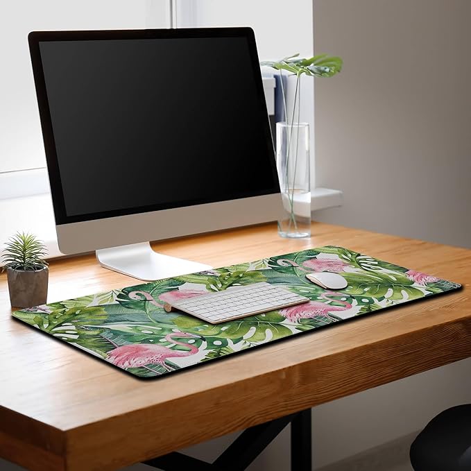 Gaming Mouse Pad Game Mat Pc Mouse Pads Large Desk Pads Computer Desk Pad Waterproof Non-Slip Rubber Base 35.4" X 15.7" for Game Office, Watercolor Tropical Palm Tree with Flamingo