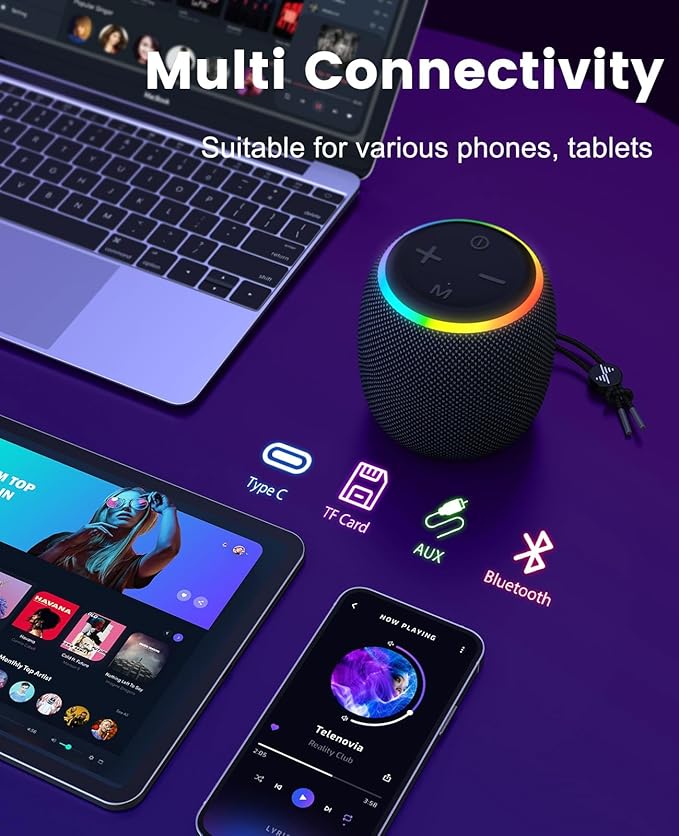 LENRUE Portable Bluetooth Speakers, Wireless Speakers with TWS, IPX5 Waterproof, Colorful Lights, Support Type C and TF Card, Portable for Shower, Travel, Party