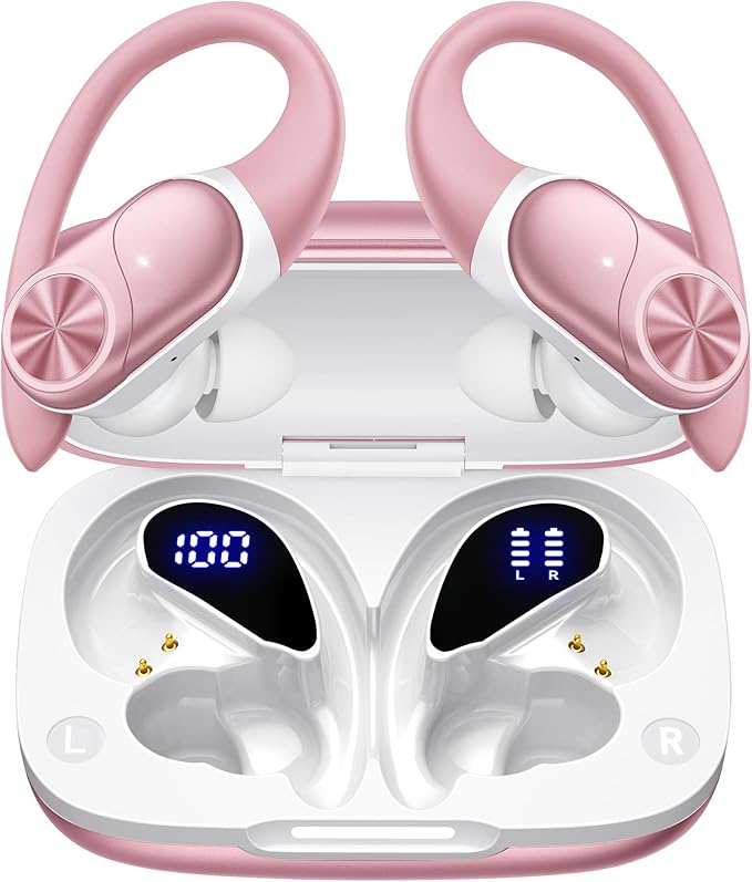 PocBuds Bluetooth Headphones Wireless Earbuds 80hrs Playtime Wireless Charging Case Digital Display Sport Ear Buds with Earhook Deep Bass IPX7 Waterproof Over-Ear Earphones for Phone Laptop Rose Gold