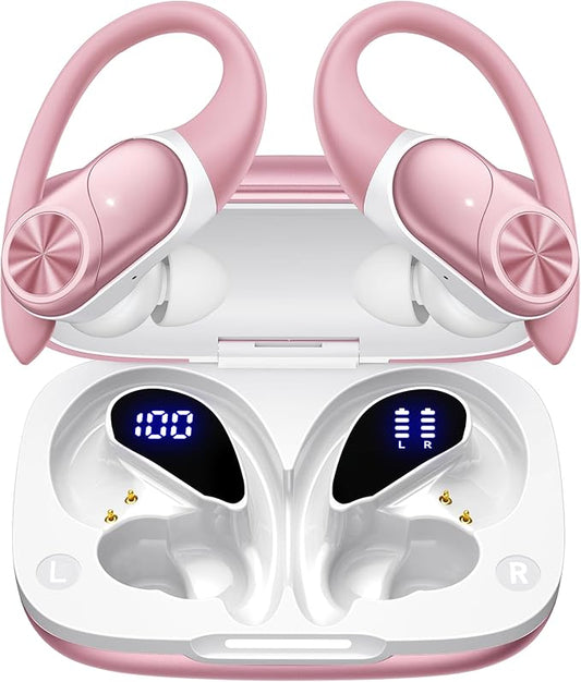 PocBuds Bluetooth Headphones Wireless Earbuds 80hrs Playtime Wireless Charging Case Digital Display Sport Ear Buds with Earhook Deep Bass IPX7 Waterproof Over-Ear Earphones for Phone Laptop Rose Gold
