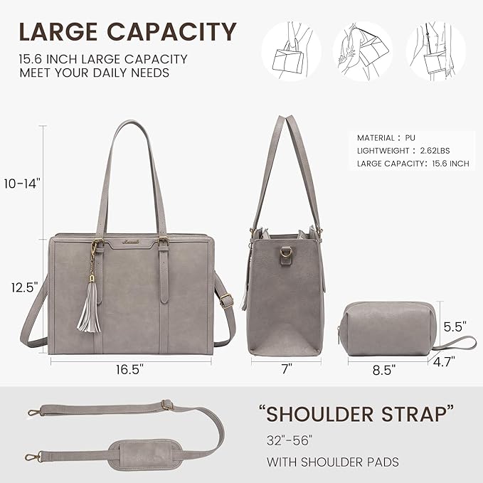 LOVEVOOK Laptop Bag for Women Vintage Leather Laptop Tote 15.6 inch Large Capacity Computer bag with Clutch Purse for Work