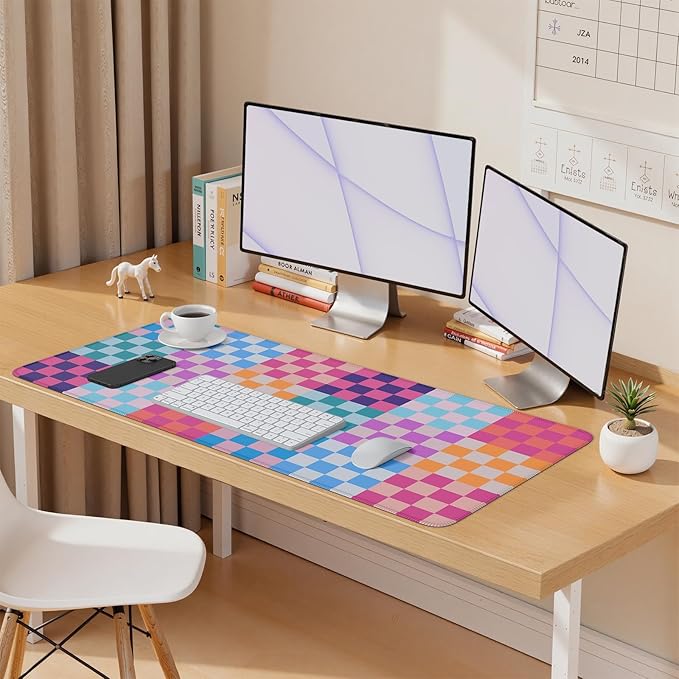 iLeadon Desk Mat Cute,Computer Desktop Mouse Pad,Colorful Checkered Desk Mouse Mat Extra Large,Long Full Rubber Base Mousepad with Stitched Edges,Keyboard Mat for Women Office,Home