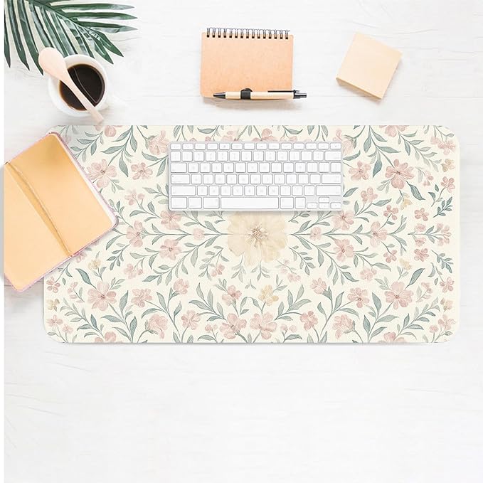 Large Mouse Pad, Light Pink Flowers Desk Mat for Desktop, Women Girls Flowers PU Leather Waterproof Desk Pad, Computer PC Laptop Protector Gaming Mouse Pads for School Office Home 23.6" x 11.8"