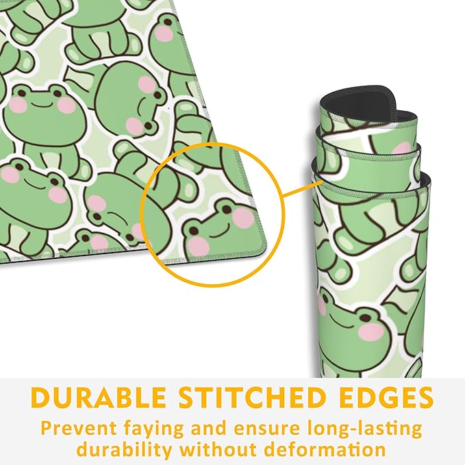 Kawaii Frog Gaming Mouse Pad,Green Cute Desk Mat,31.5""X15.7"" Large Desk Pad with Stitched Edge Non-Slip Base Keyboard Big Mouse Pad for Office Home Work Gaming, WDQ-D09