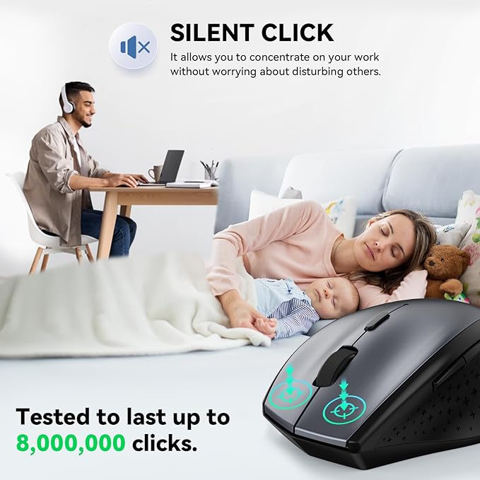 TECKNET Wireless Mouse, 2.4G USB Computer Mouse with 6-Level Adjustable 4800 DPI, Silent Quiet Click???30 Months Battery, Ergonomic Grips, 6 Buttons Portable for PC, Chromebook, Mac - Grey