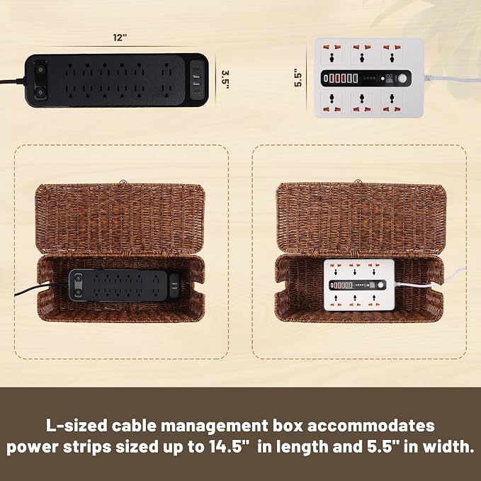 BROWNLILY Cable Management Box, Rattan Style Cord Organizer for Desk Cord Hider Outlet Covers Baby Proofing for Power Strip TV PC Router Charger Under Desk Storage with Lockable Lid and Cable Ties - Image 4