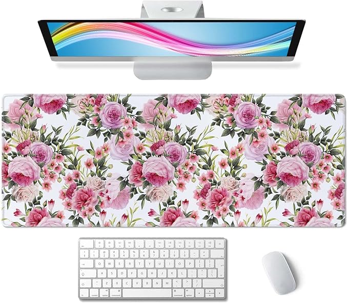 Floral Pattern with Roses Desk Mat Pink Large Extended Mouse Pad XL Desk Pad Gaming Mousepad Keyboard Mouse Mat for Computer Laptop 31.5''X11.8'' Non-Slip Rubber Base with Stitched Edges