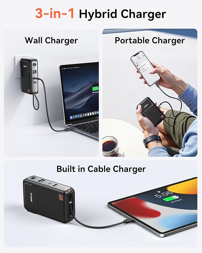 Portable Charger, 10000mAh Power Bank Built in Cable and Wall Plug 65W for Laptop, 3 in 1 Phone Battery Pack 35W Fast Charging, Travel Essentials USB-C Compatible with iPhone 17 16 15 Samsung MacBook