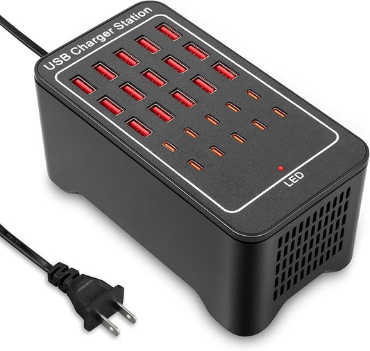USB~C Charger Block, 125W(25A) 25 Port (15 USB A & 10 USB~C Port) Multiple Charging Station, Desktop Wall Charger Compatible with iPhone, iPad, Tablets, Smartphones