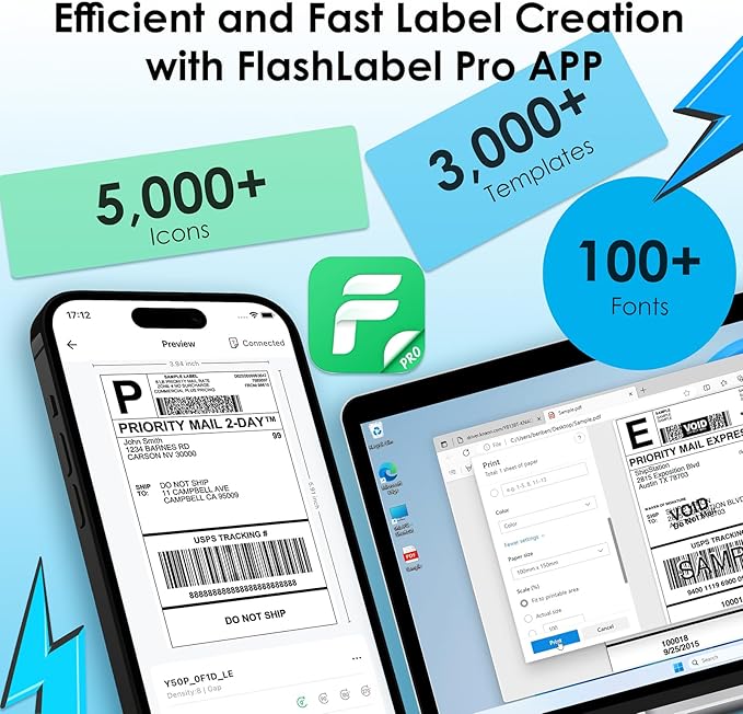 Shipping Thermal Label Printer, 4x6 Portable Label Printer, Bluetooth Label Maker for Small Business, Support iPhone,Android,Windows,Mac,Chromebook,Works with USPS, Etsy,Shopify&More, White