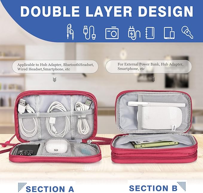 Small Cable Organizer Bag, Charger Organizer Case Pouch Travel Bag, Waterproof Electronics Accessories Case for USB, Cable, Cord, Charger, Phone, Power Bank, Earphone (Rose Red, Medium)
