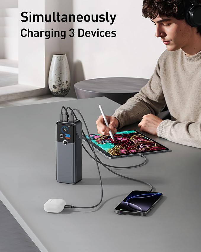 Laptop Power Bank, 3-Port 20,000mAh Portable Charger with 200W Max Output, PD 3.1 Fast Charging, Flight-Approved for Travel, PowerTower, for MacBook, iPhone 17/16 Series, and More（Beige）