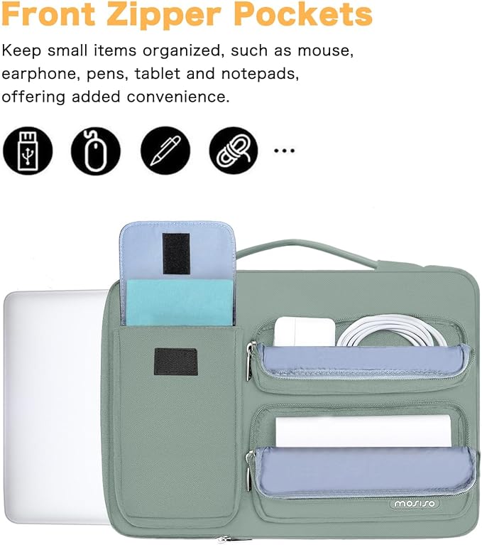 MOSISO 360 Protective Laptop Case 14 inch, Laptop Sleeve Compatible with HP Lenovo Dell ASUS Acer, HP Stream,Dell Latitude, Lenovo IdeaPad, Side Open Bag with 2 Raised&1 Flapover Pockets,Antique Green