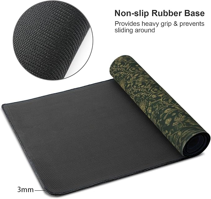Dark Green Floral Desk Mat Gold Flowers XXL Large Desk Pad - Anti-Slip Stitched Edges Mouse Pad for Women, Office & Home, Extra Big Computer Keyboard Mat for Desktop, Aesthetic Office Decor