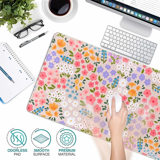 Floral Desk Mat Large Keyboard Pad, Pink Mouse Pad Women Girls Flowers Large Mouse Pad for Desk Pad Computer Floral Pad Desktop Mat for School Office Home 31.5" X 15.7"