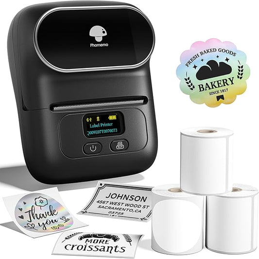 Phomemo Label Printer - M110 Label Maker with 3 Tapes, Mini Portable Barcode Label Printer for Retail, Address, Barcode, Home, for PC/Mac, iOS/Android, Ebony Black