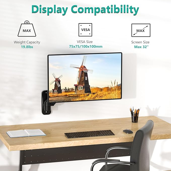 WALI Monitor Wall Mount 27+ inch, Wall Mount Monitor Arm Fits 1 Screen up to 32 inch, Single Monitors Mount Holds up to 19.8lbs, Monitors Arm Max Extension 13.4 inch,(GSWM001S), Black