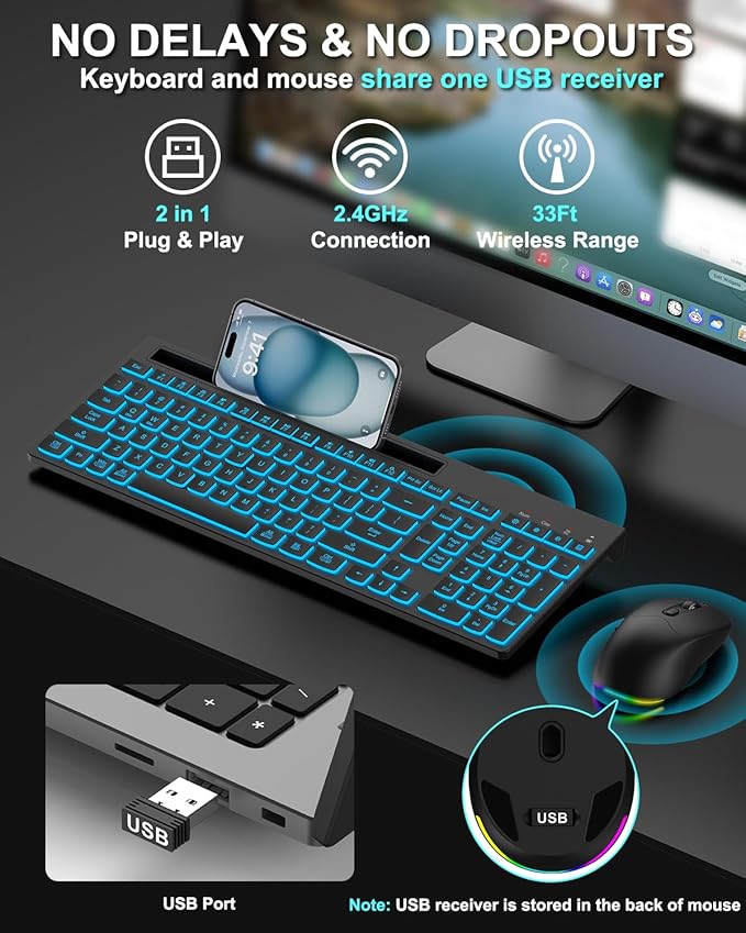 Wireless Keyboard and Mouse Combo, 7 Backlit Effects, Light Up Letters, Rechargeable, Phone Holder, 6 Button Mouse, Ergonomic Tilt Angle, 2.4GHz Silent USB Keyboard Mouse for Laptop, Computer, PC