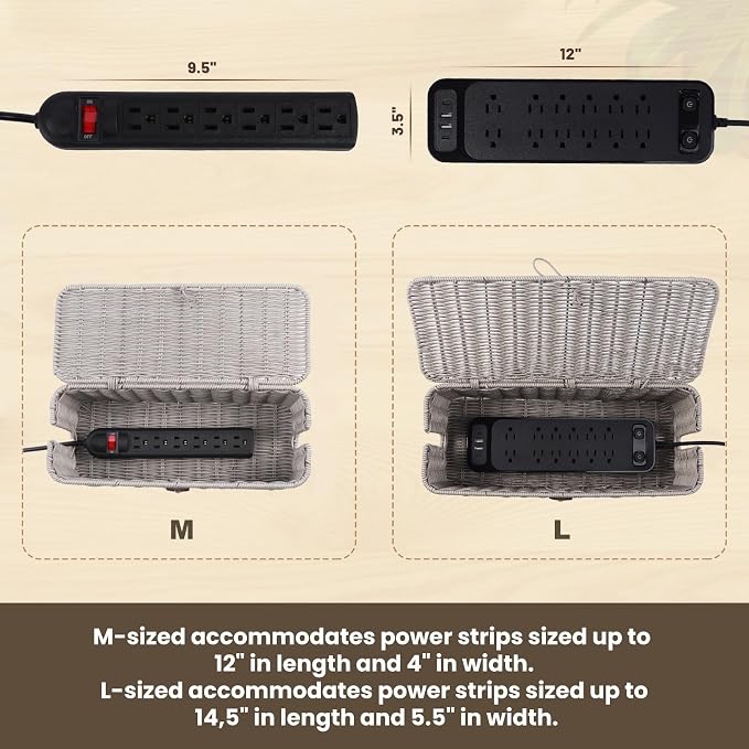 BROWNLILY Cable Management Box, Rattan Style Cord Organizer for Desk Cord Hider Outlet Covers Baby Proofing for Power Strip TV PC Router Charger Under Desk Storage with Lockable Lid and Cable Ties - Image 4