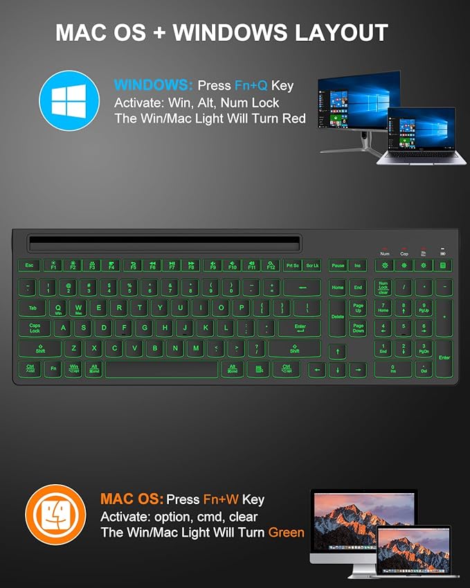 Wireless Keyboard and Mouse Combo, 7 Backlit Effects, Light Up Letters, Rechargeable, Phone Holder, 6 Button Mouse, Ergonomic Tilt Angle, 2.4GHz Silent USB Keyboard Mouse for Laptop, Computer, PC
