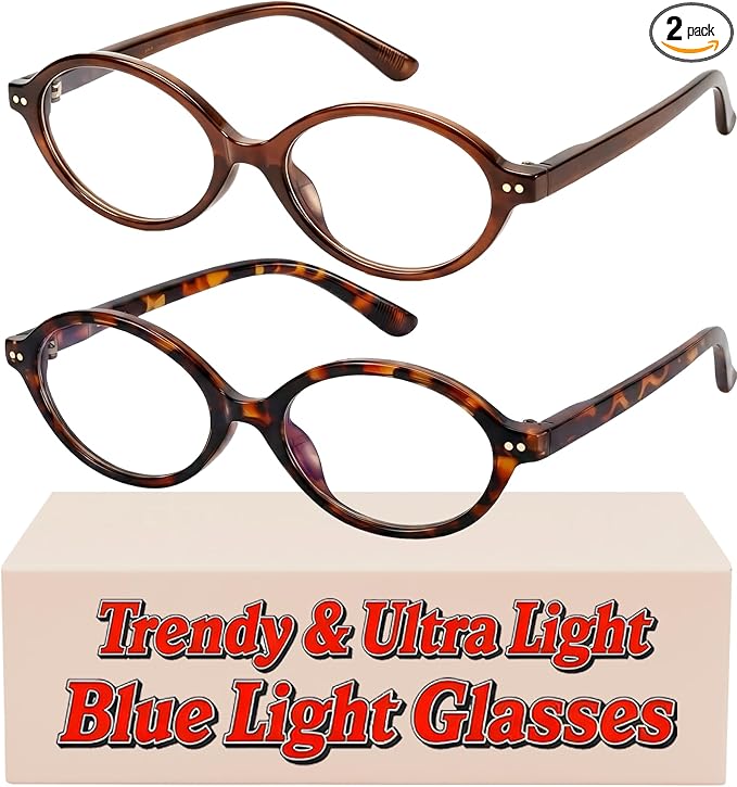 2 Pack Oval Blue Light Glasses for Women, Lightweight TR90 Small Frame with Spring Hinge for All-Day Comfort, Anti UV Glare & Eyestrain