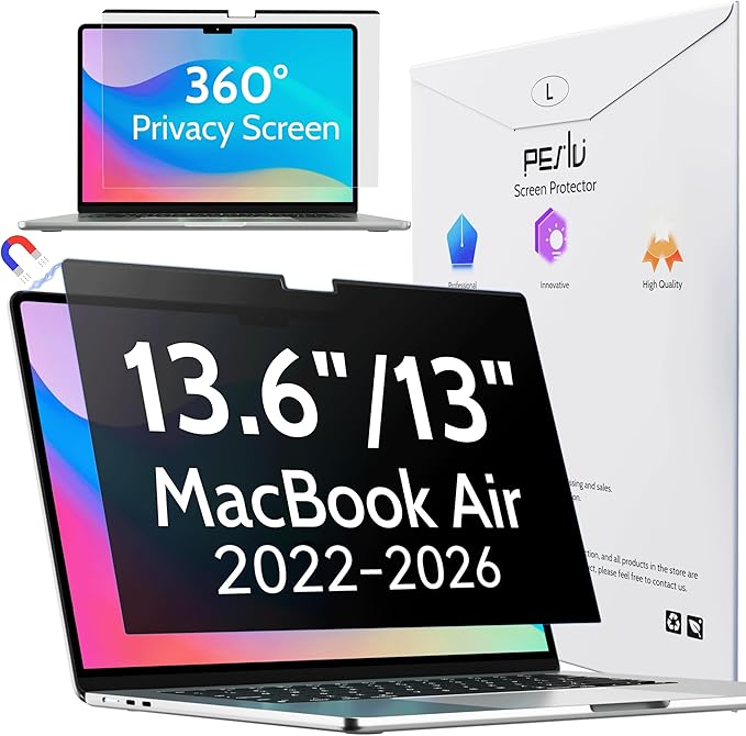 Peslv Magnetic 4 Way Privacy Screen for Macbook Air 13.6/13 Inch (2022-2026, M2, M3, M4, M5), Removable Matte Anti Glare Blue Light Protector, 360 Private Security Filter for Mac Laptop Computer