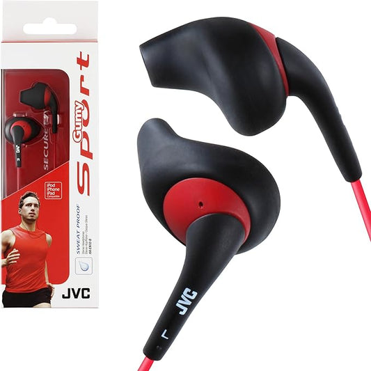 JVC Black and Red Nozzel Secure Comfort Fit Sweat Proof Gumy Sport Earbuds with long colored cord HA-EN10B