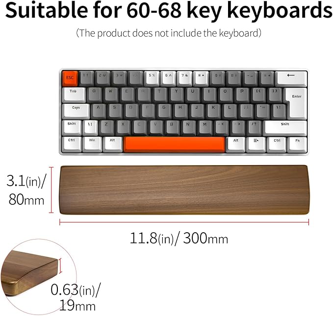Walnut Wooden Wrist Rest for Mechanical Keyboard, Ergonomic Design for Wrist Pain Relief, Smooth No Odor and Easy to Clean, Support Wrist to Coding Typing and Playing (for 60-68 Key)