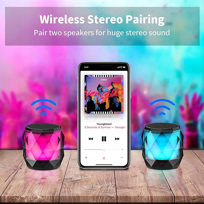 LFS Portable Bluetooth Speaker with Lights, Night Light Wireless Waterproof Speaker Magnetic, 7 Color LED Auto-Changing, Built-in microphone, TWS Stereo Pairing, Mini Speaker for Shower, Home, Outdoor