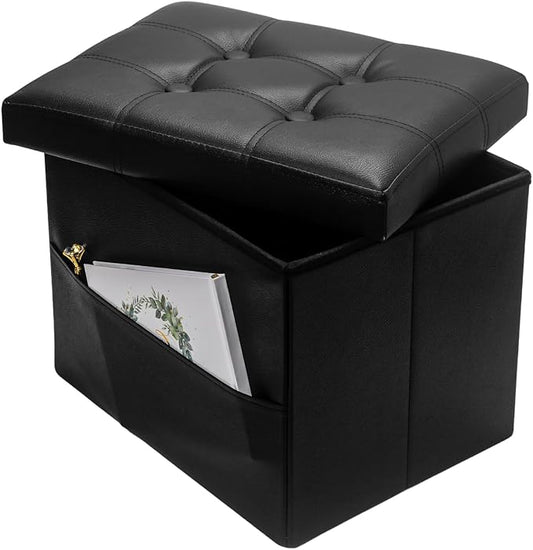 Bsketa Storage Ottoman Foot Rest Stool, Small Leather Storage Ottomans Bench, Folding Footstool with Side Pockets, Foot Rest Under Desk for Living Room Bedroom, 16x12x12 in, Black