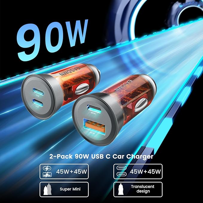 2-Pack 90W USB C Super Fast Car Charger, Dual-Port [PD/PPS 45W & QC 45W] Car Cigarette Lighter USB Charger Adaper for Samsung Galaxy S25 Ultra/S25+/S24 Ultra/S23+, Note 20/10,Tab S9, iPhone 15(Orange)