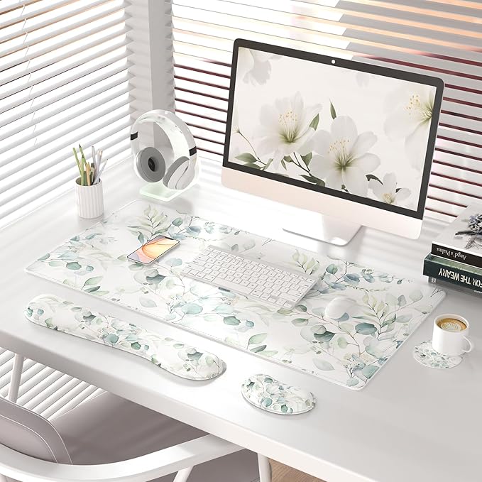 QiyI Leather Desk Mat Set, 4-in-1 Large Mouse Pad with Wrist Rest, Non-Slip Desk Pad + Keyboard Wrist Rest + Mouse Wrist Support + Coaster, Office Desk Accessories Home Decor Supplies, Eucalyptus