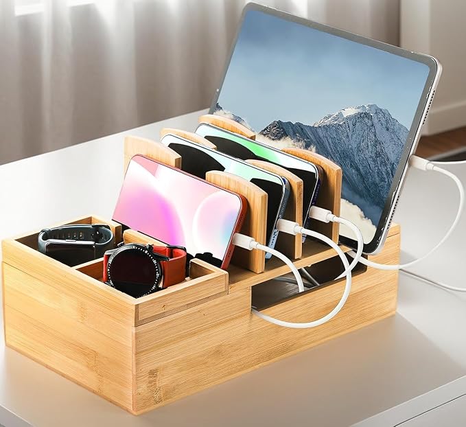 Fasmov Bamboo Charging Station, Charging Stand for Multiple Devices, Electronic Device Desktop Dock Stations Organizer, Cell Phone Docking Stations for Multi Laptop, Tablets, IPads, Watch, Earbuds