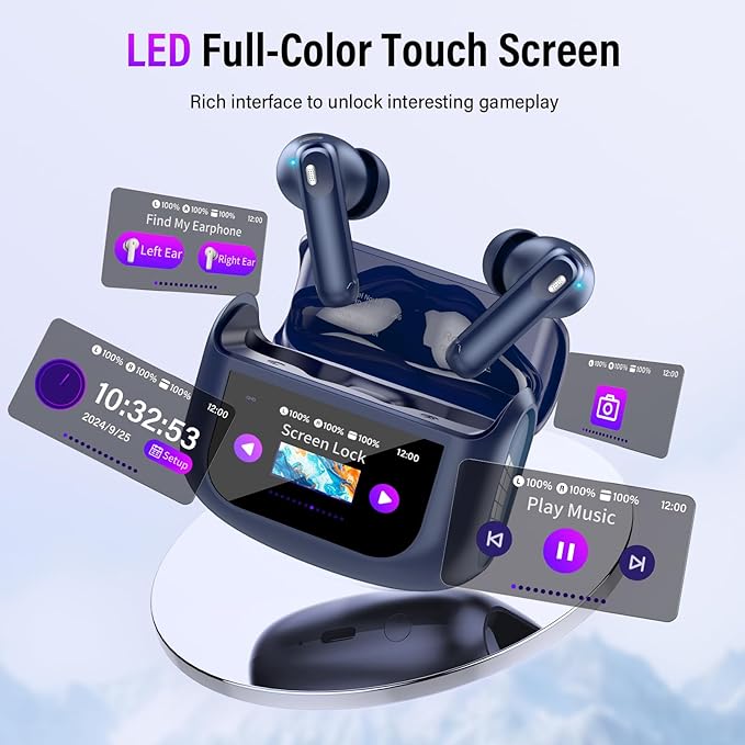 Wireless Earbuds, Bluetooth 5.4 Headphones with Touch Screen, 48H Ear Buds with ANC/ENC Noise Cancelling/Transparency Mode, IPX7 Earphones with 5 EQ Modes, Sapphire Blue