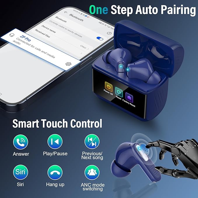 Wireless Earbuds with Touch Screen, Bluetooth 5.4 Headphones, Transparency Mode, IPX7 Earphones Dark Blue