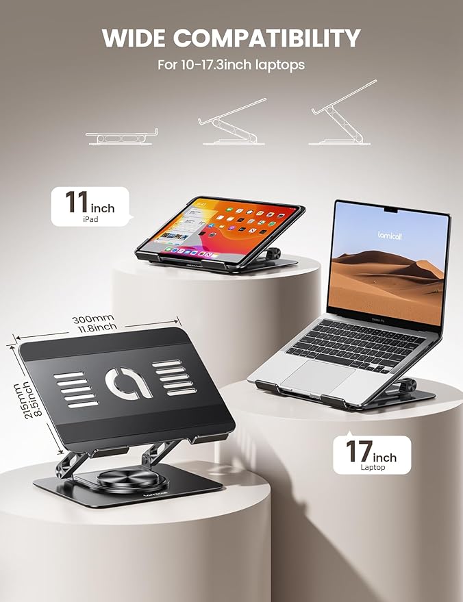 Lamicall Adjustable Laptop Stand for Desk - 360 Rotating Base Ergonomic Computer Stand, Aluminum Laptop Riser for Mothers Day fits MacBook Neo Air Pro, HP, Office Desk Accessories (10-17.3'') - Black