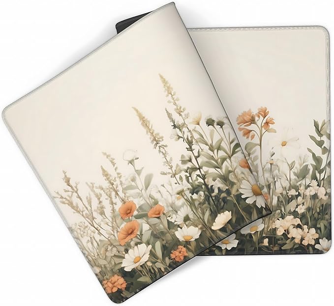 Floral Aesthetic Wildflower Gaming Mouse Pad, Beige Vintage Botanical Desk Mat with Anti-Slip Base & Stitched Edges, Office & Home Desk Decor for Women, 35.4" x 15.7" in Computer Desktop Mat