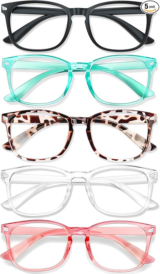 Blue Light Glasses for Woman Men | 99% Blue Light Blocking Glasses for Computer Gaming TV Phone Screen Square Frame | Anti Eyestrain & UV Glare Protection - 5 Pair